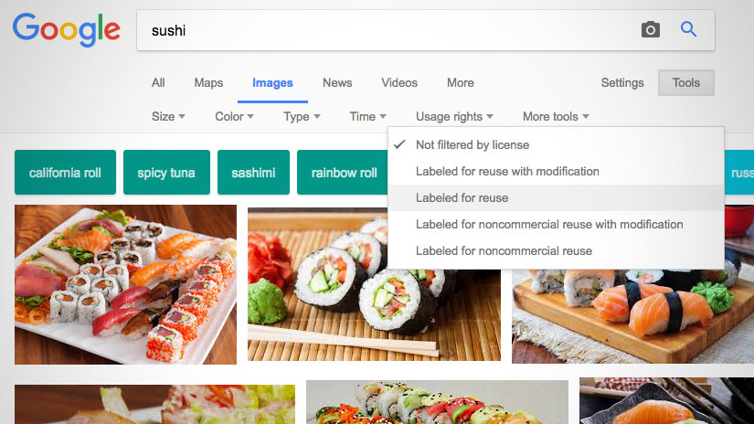 Screenshot of Google Images filter tools in use.